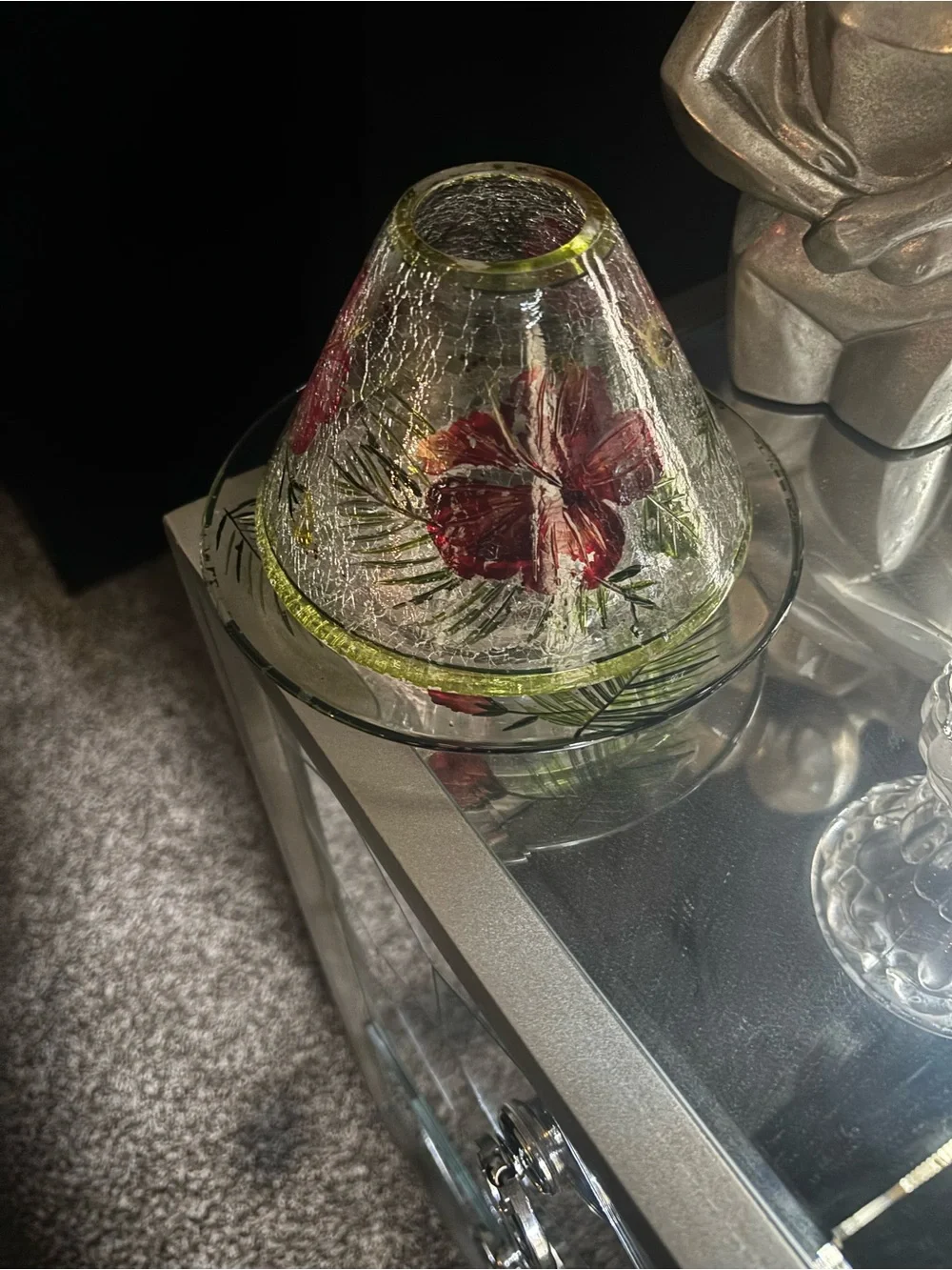 Yankee Candle Red Floral Hand-Painted Glass Shade with Green Accents
